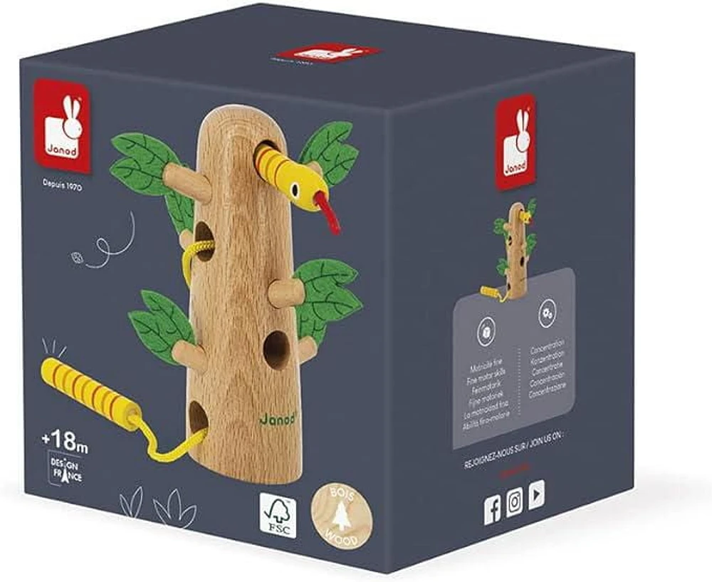 Janod - Arbre tropical à lacets Tropik - Jouet en bois pour l'apprentissage précoce - Jouet éducatif : Développe la motricité fine et la concentration - Peinture à base d'eau - À partir de 18 mois.