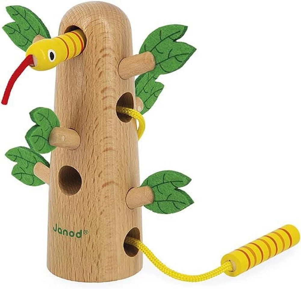 Janod - Arbre tropical à lacets Tropik - Jouet en bois pour l'apprentissage précoce - Jouet éducatif : Développe la motricité fine et la concentration - Peinture à base d'eau - À partir de 18 mois.