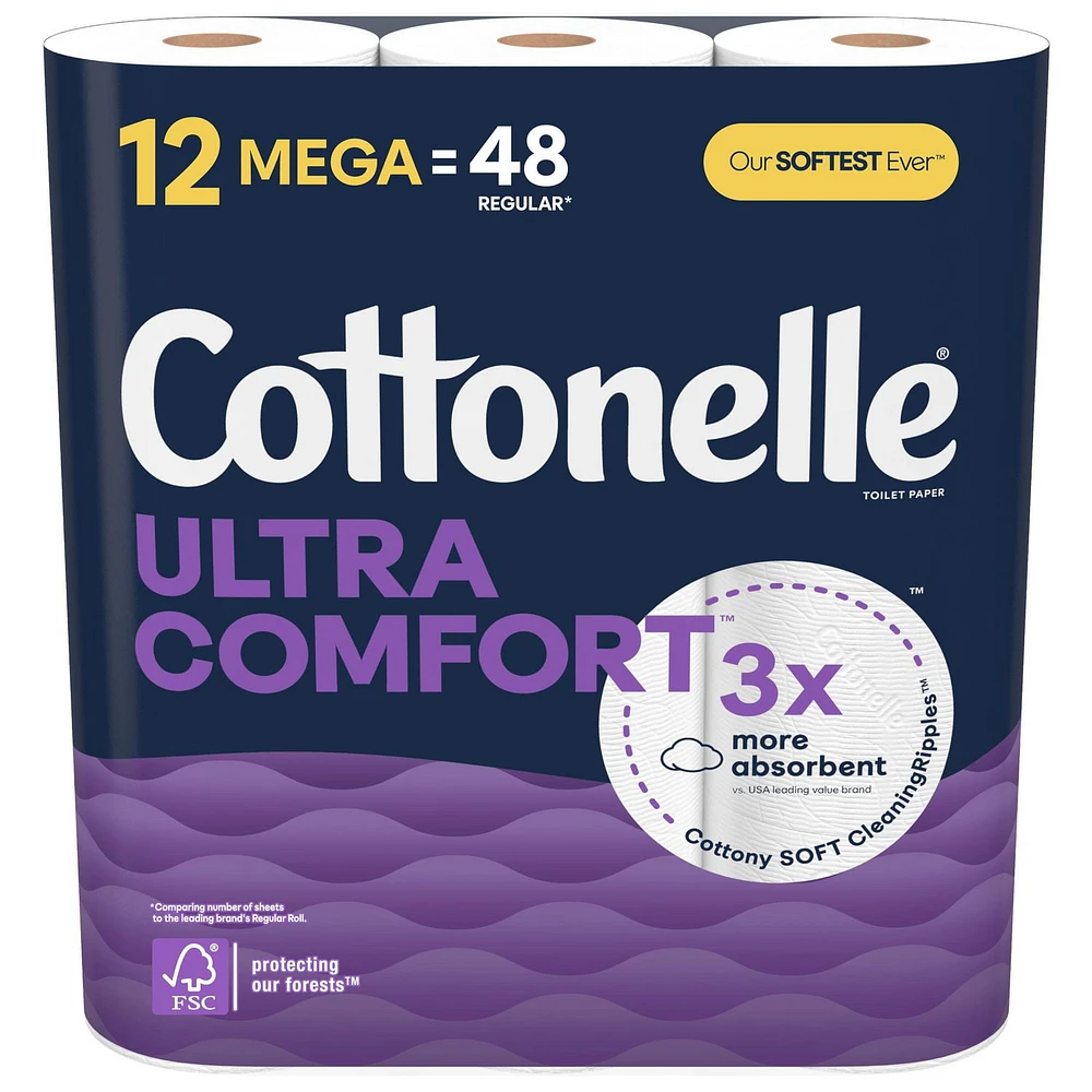 Papier hygiénique Cottonelle Ultra Comfort, papier hygiénique robuste, 12 méga rouleaux (12 méga rouleaux = 48 rouleaux ordinaires), 244 feuilles par rouleau