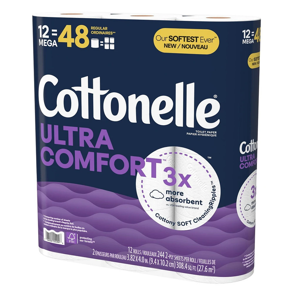 Papier hygiénique Cottonelle Ultra Comfort, papier hygiénique robuste, 12 méga rouleaux (12 méga rouleaux = 48 rouleaux ordinaires), 244 feuilles par rouleau