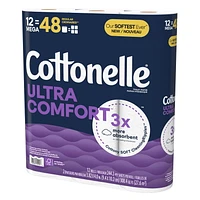 Papier hygiénique Cottonelle Ultra Comfort, papier hygiénique robuste, 12 méga rouleaux (12 méga rouleaux = 48 rouleaux ordinaires), 244 feuilles par rouleau