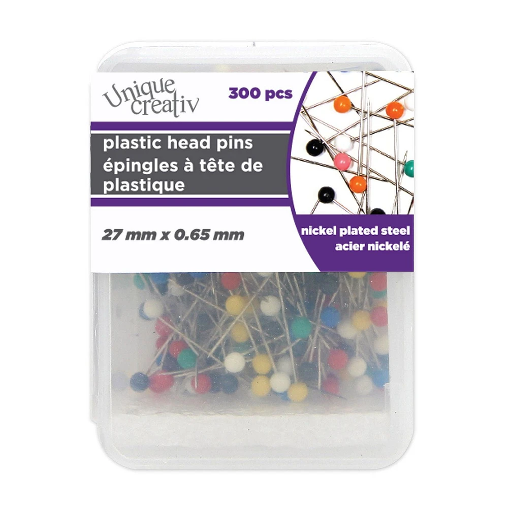 Unique Creativ Assorted Colour Plastic Head Pins, 300 pieces, 27 mm x 0.65 mm