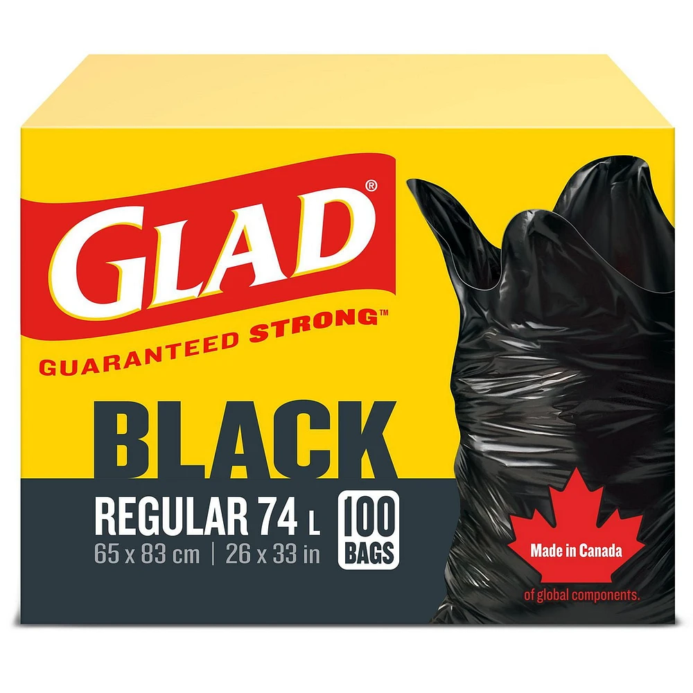 Glad Black Garbage Bags - Regular 74 Litres, - Value Pack, 100 Trash Bags