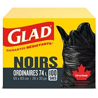 Glad Black Garbage Bags - Regular 74 Litres, - Value Pack, 100 Trash Bags