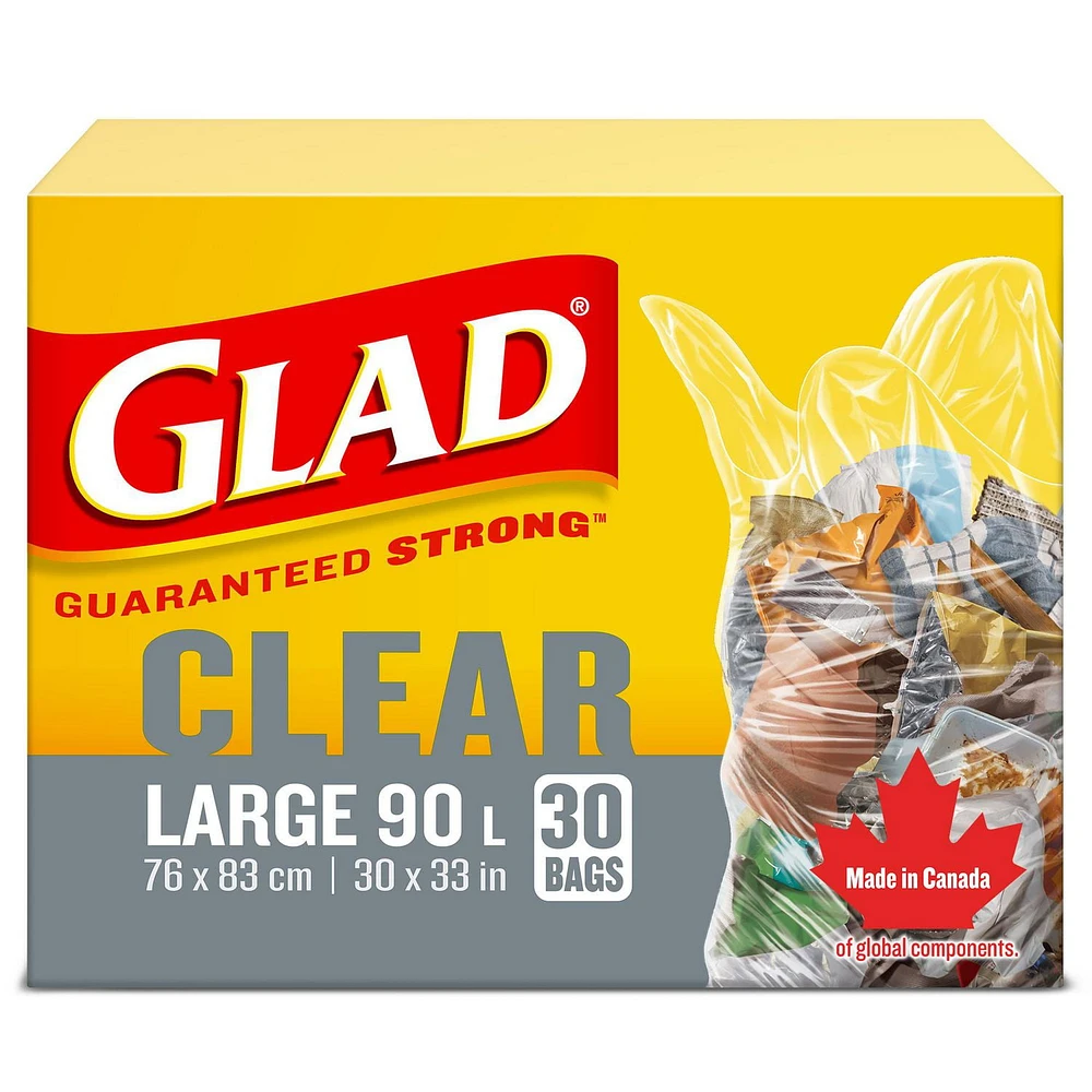 Glad Clear Garbage Bags - Large 90 Litres -, 30 Trash Bags