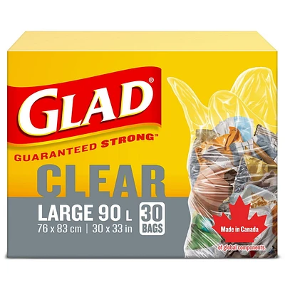 Glad Clear Garbage Bags - Large 90 Litres -, 30 Trash Bags