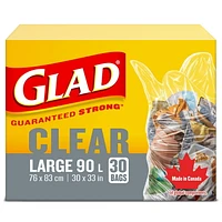 Glad Clear Garbage Bags - Large 90 Litres -, 30 Trash Bags