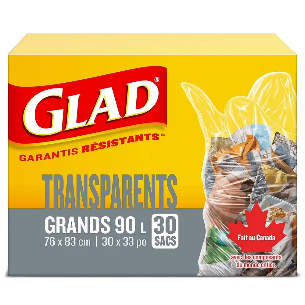 Glad Clear Garbage Bags - Large 90 Litres -, 30 Trash Bags