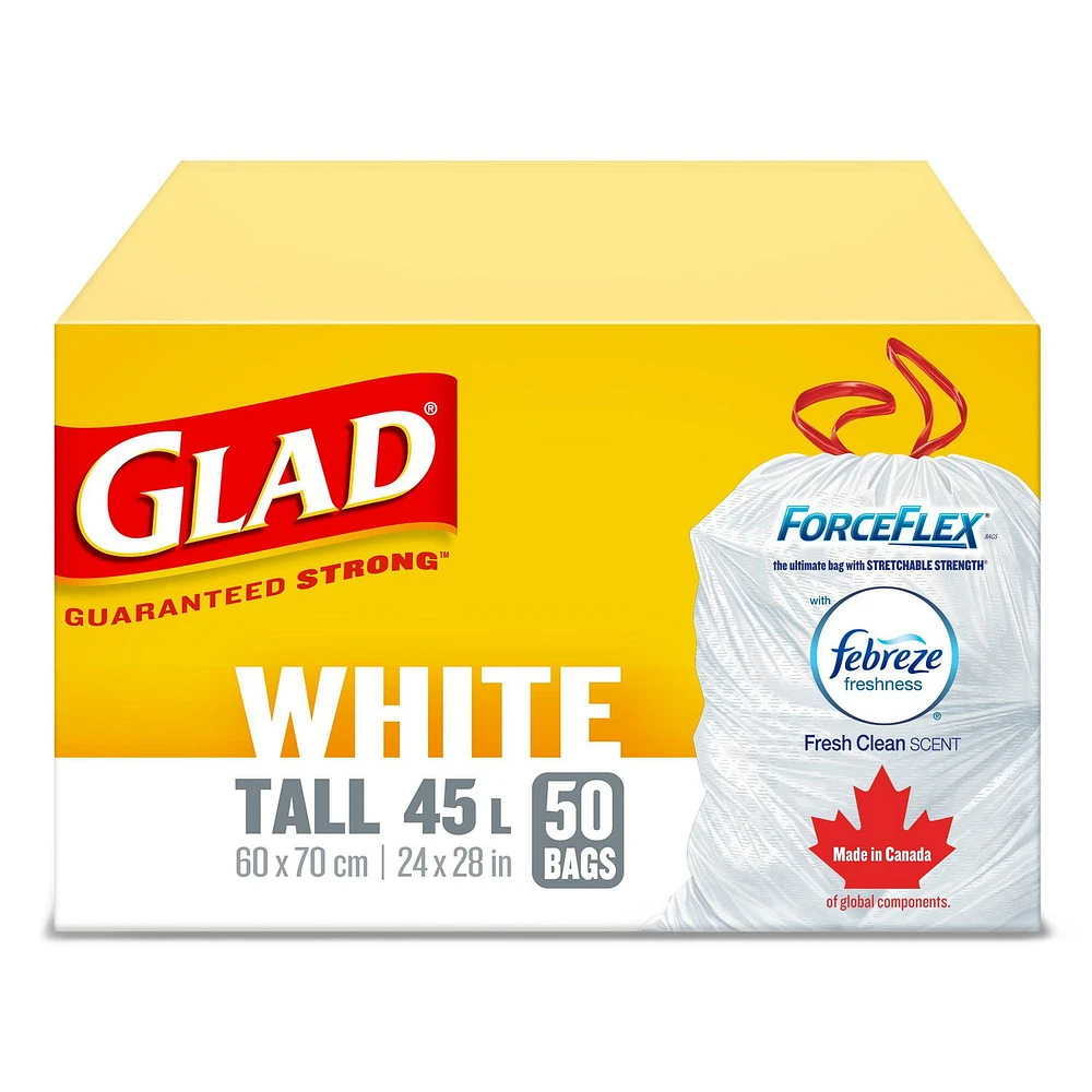 Glad White Garbage Bags - Tall 45 Litres - ForceFlex, Drawstring, with Febreze Fresh Clean Scent,, 50 Trash Bags