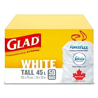 Glad White Garbage Bags - Tall 45 Litres - ForceFlex, Drawstring, with Febreze Fresh Clean Scent,, 50 Trash Bags