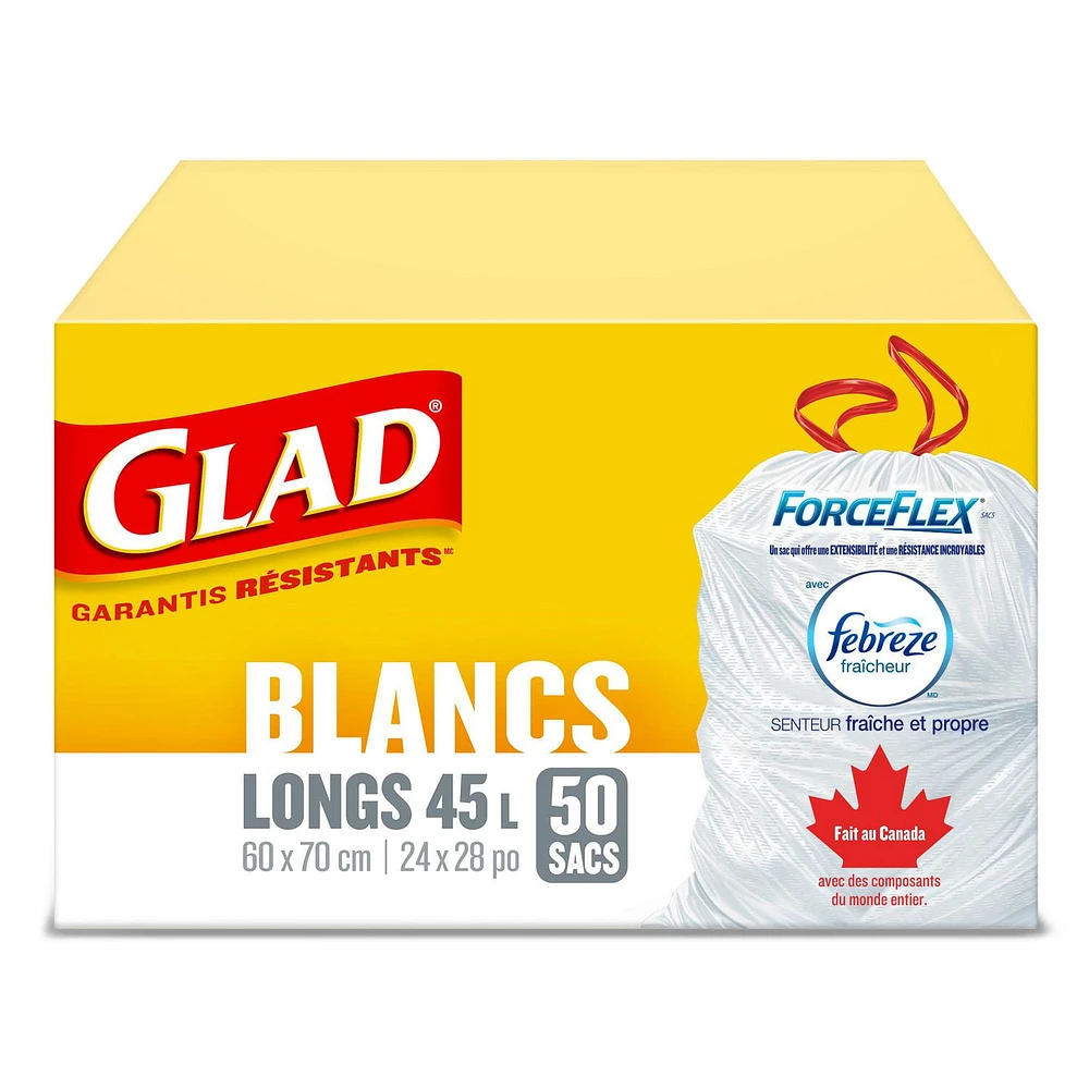 Glad White Garbage Bags - Tall 45 Litres - ForceFlex, Drawstring, with Febreze Fresh Clean Scent,, 50 Trash Bags