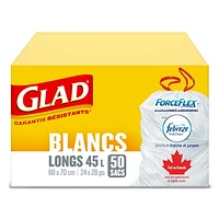 Glad White Garbage Bags - Tall 45 Litres - ForceFlex, Drawstring, with Febreze Fresh Clean Scent,, 50 Trash Bags