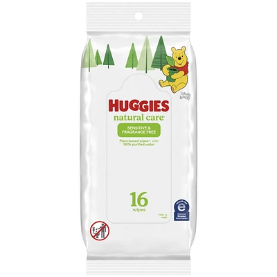 Lingettes pour bébés Huggies Natural Care pour peau sensible, NON PARFUMÉES, 1 emballage souple, total de 16 lingettes Huggies Natural Care Sensible 16 lingettes