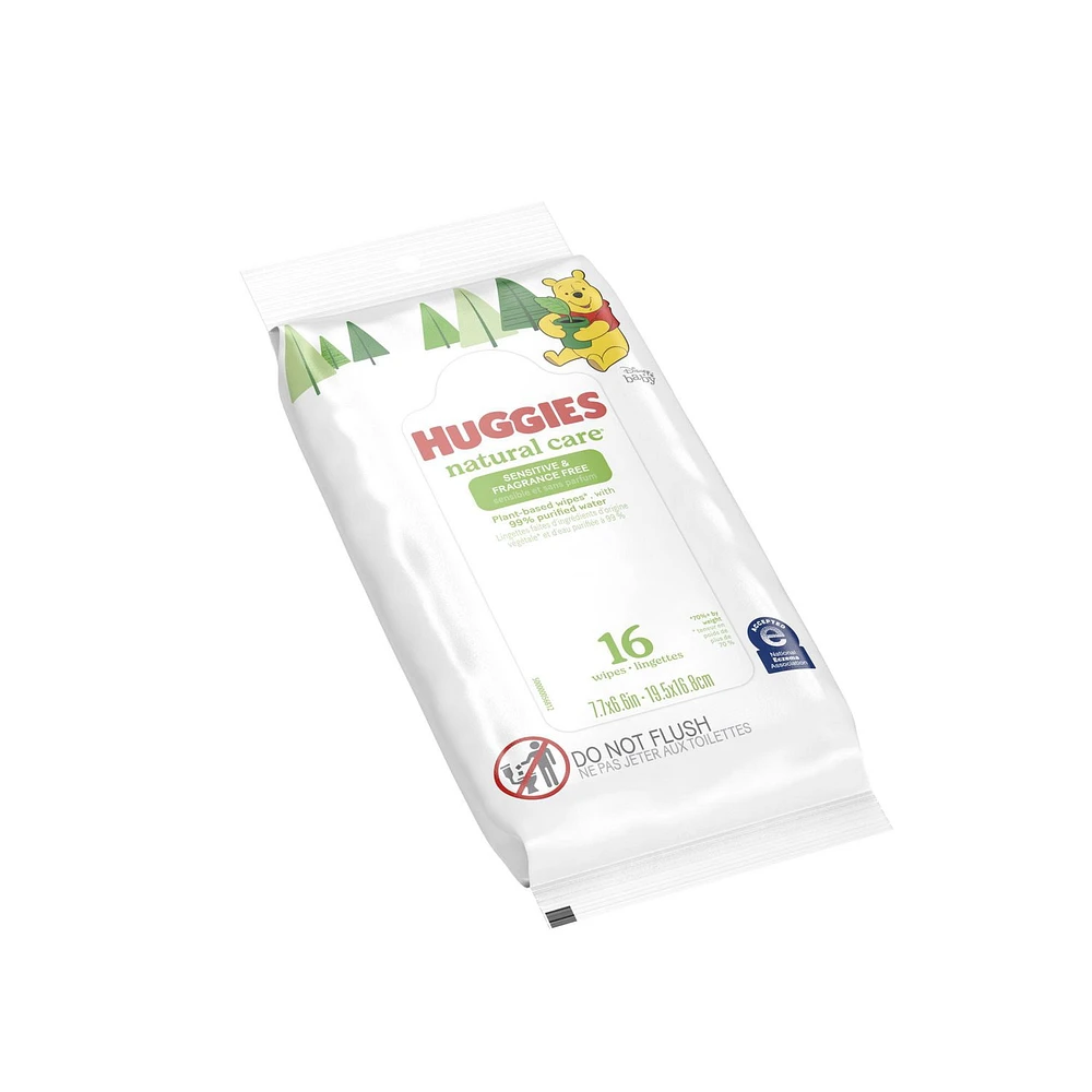 Lingettes pour bébés Huggies Natural Care pour peau sensible, NON PARFUMÉES, 1 emballage souple, total de 16 lingettes Huggies Natural Care Sensible 16 lingettes