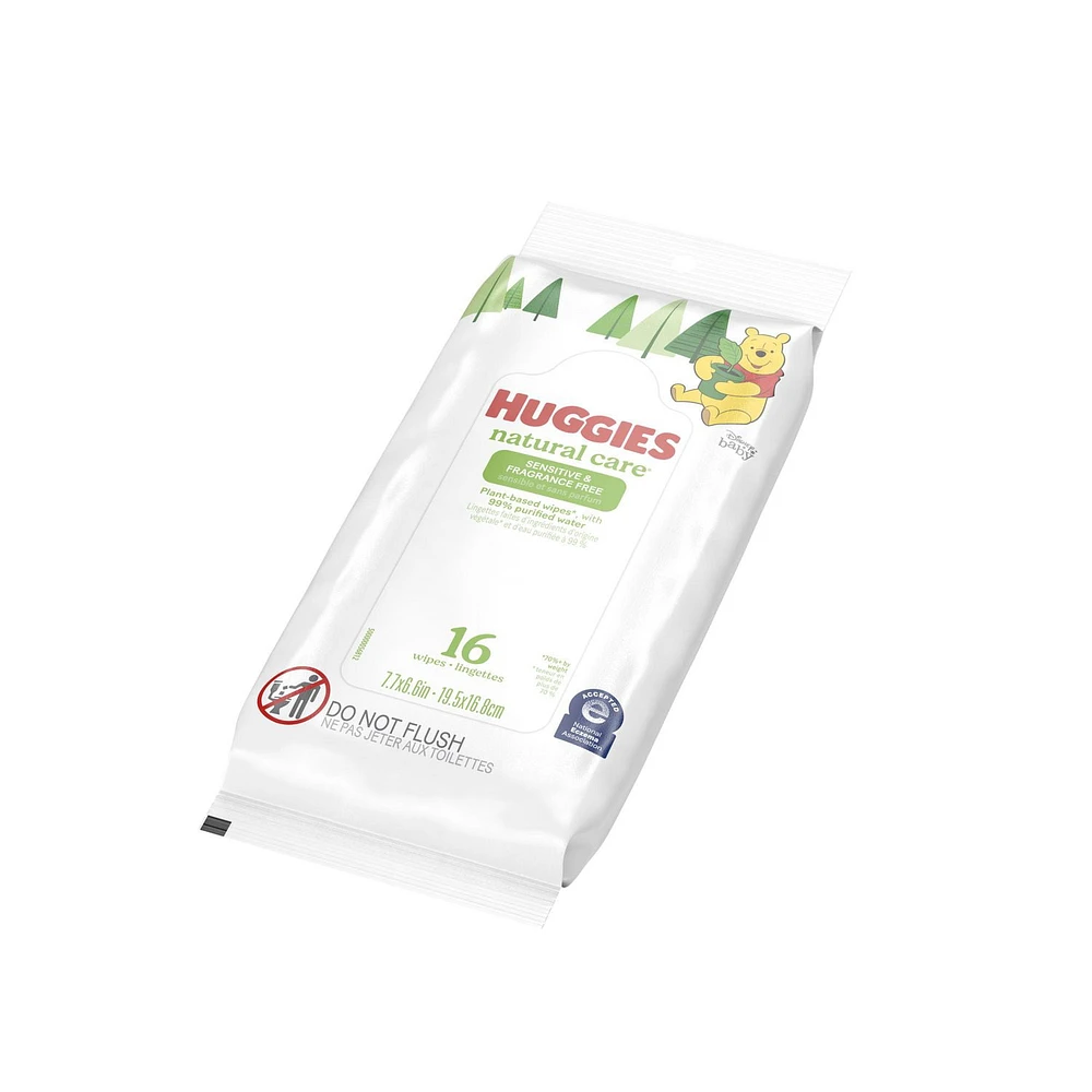 Lingettes pour bébés Huggies Natural Care pour peau sensible, NON PARFUMÉES, 1 emballage souple, total de 16 lingettes Huggies Natural Care Sensible 16 lingettes