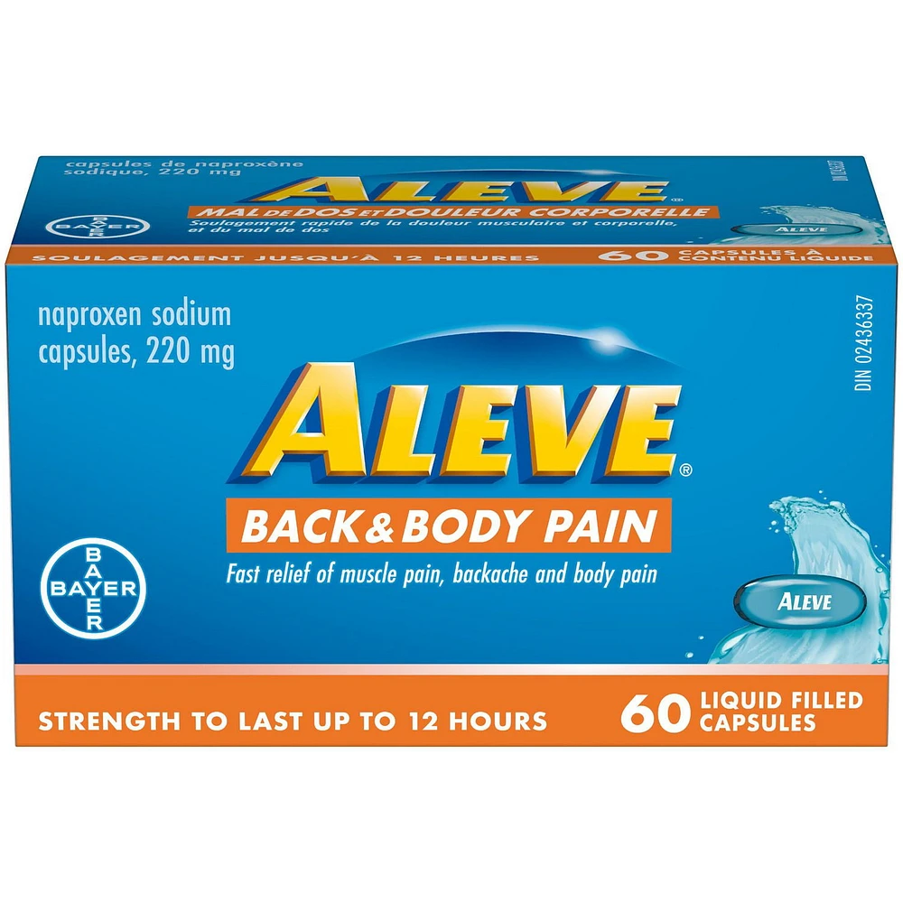 ALEVE Mal de dos et douleur corporelle, Naproxène Sodique à 220 mg 60 Gélules Liquides