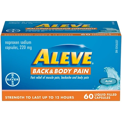 ALEVE Mal de dos et douleur corporelle, Naproxène Sodique à 220 mg 60 Gélules Liquides