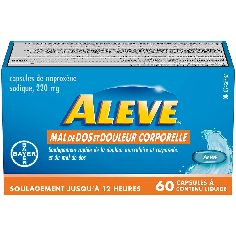 ALEVE Mal de dos et douleur corporelle, Naproxène Sodique à 220 mg 60 Gélules Liquides