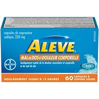 ALEVE Mal de dos et douleur corporelle, Naproxène Sodique à 220 mg 60 Gélules Liquides