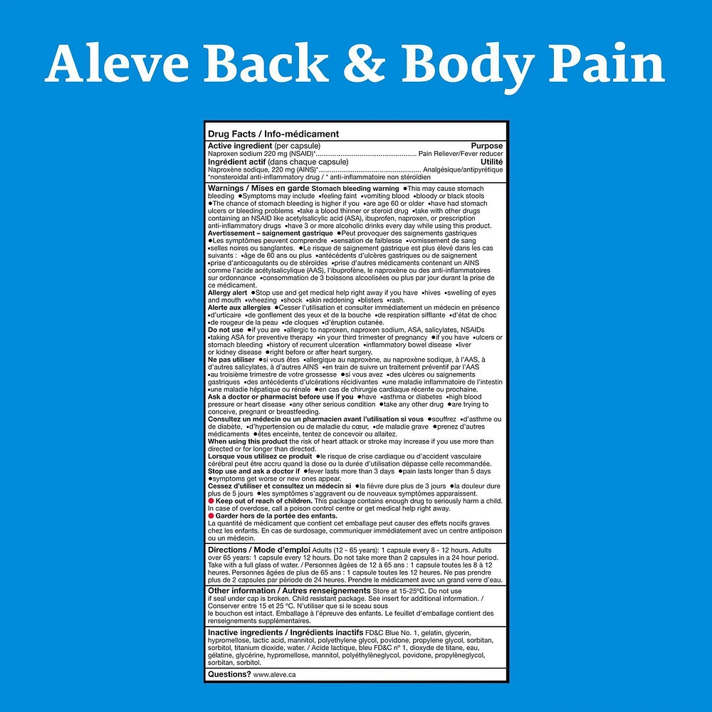 ALEVE Mal de dos et douleur corporelle, Naproxène Sodique à 220 mg 60 Gélules Liquides