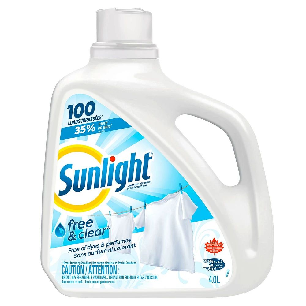 Sunlight Free and Clear Liquid Detergent (100 Loads, 4.0L), Gentle Laundry Detergent with Sensitive Formula and Stain Remover, Hypoallergenic, White, Sunlight Laundry Detergent