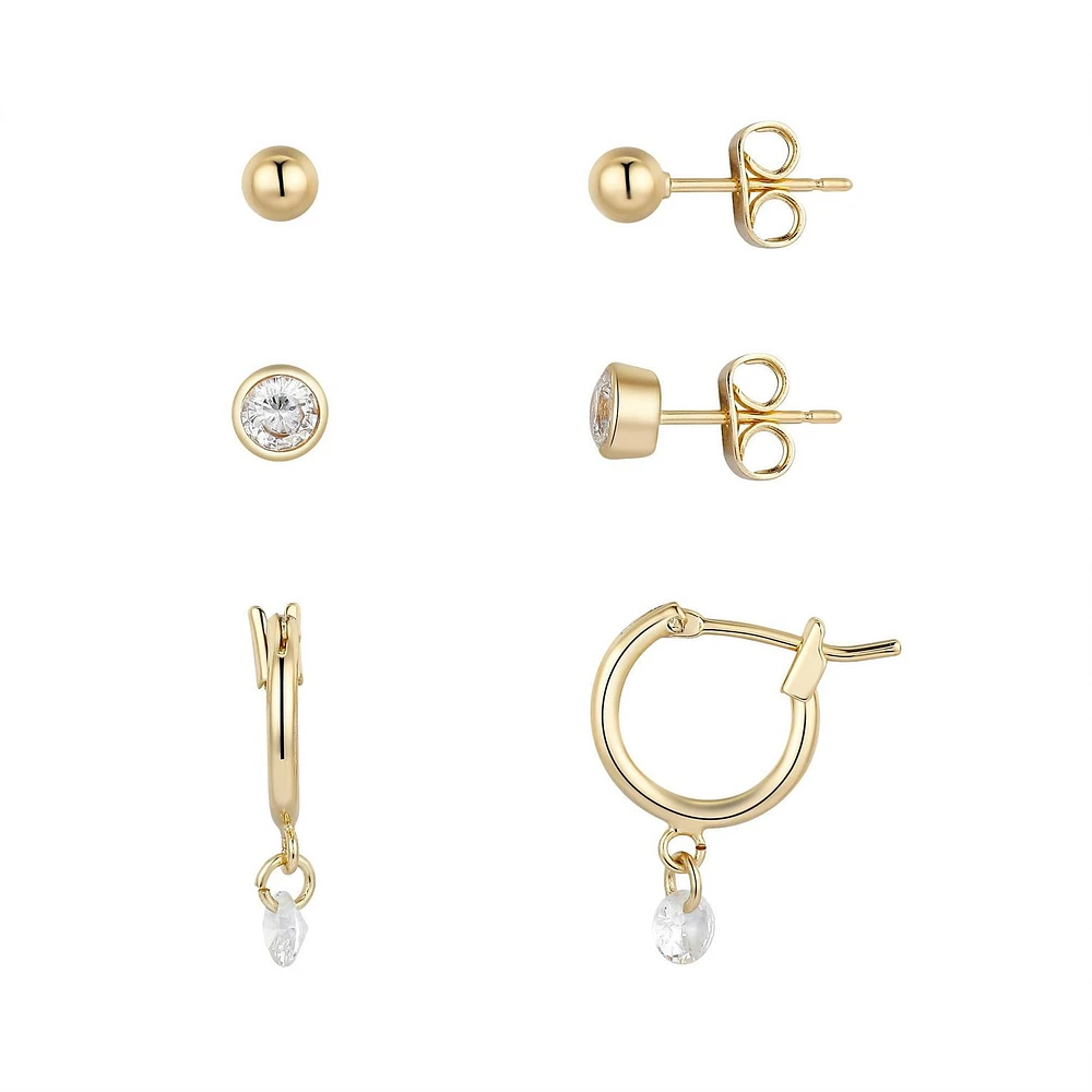 Luxury Designs Gold Plated set of 3 earrings, Ball stud, Cubic Zirconia stud and Huggies