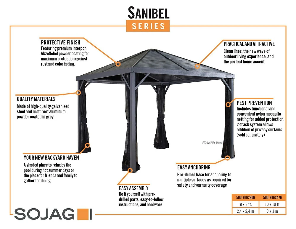 Sojag 10' x 10' Sanibel Hardtop Gazebo Outdoor Weather-Resistant Aluminum Frame Sun Shelte