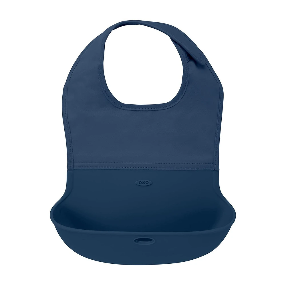 OXO Tot - Roll-Up Bib - Comfortable Soft Waterproof Lightweight Silicone Baby Bib and Toddler - Fabric Rolls Up into Pocket for Travel and Storage - Navy