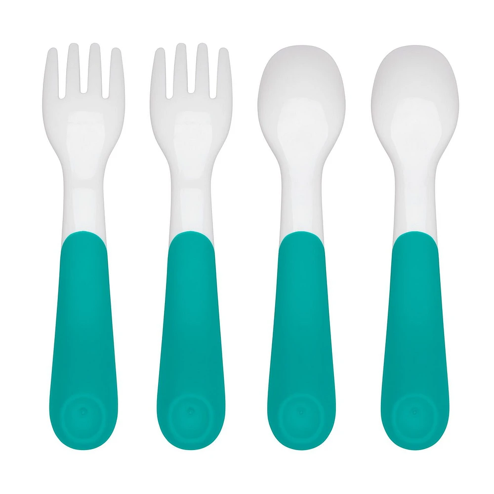 OXO Tot - Plastic Fork & Spoon Multipack - Training Set - Encourage Self-Feeding - Easy for Little Ones to Hold - Baby Toddler Feeding Utensils - Teal - 61127900