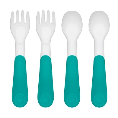 OXO Tot - Plastic Fork & Spoon Multipack - Training Set - Encourage Self-Feeding - Easy for Little Ones to Hold - Baby Toddler Feeding Utensils - Teal - 61127900