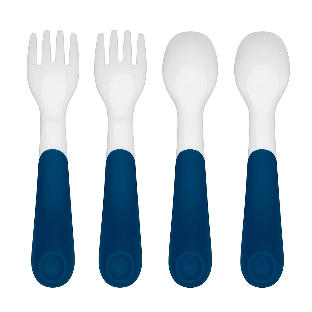 OXO Tot - Plastic Fork & Spoon Multipack - Training Set - Encourage Self-Feeding - Easy for Little Ones to Hold - Baby Toddler Feeding Utensils - Navy - 61128000