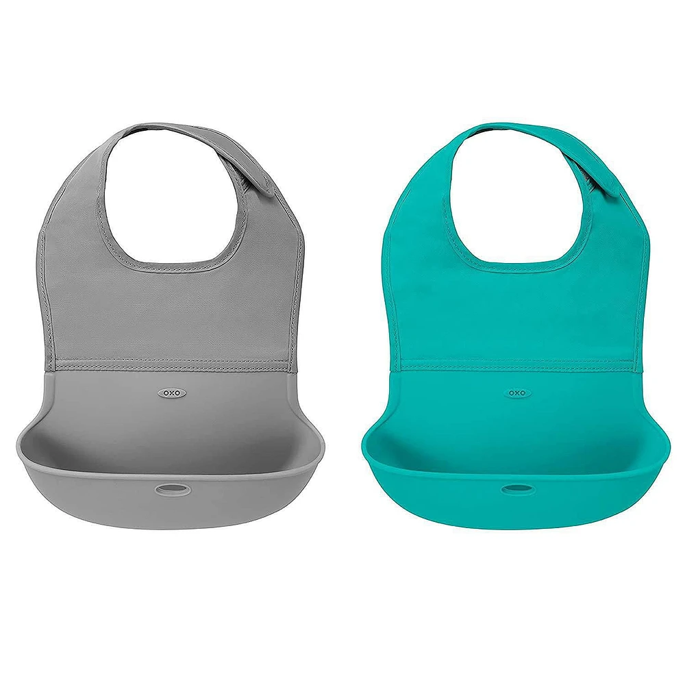 OXO Tot -2 Waterproof Silicone Roll Up Bibs With Comfort-Fit Fabric Neck, Gray/Teal