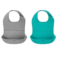 OXO Tot -2 Waterproof Silicone Roll Up Bibs With Comfort-Fit Fabric Neck, Gray/Teal