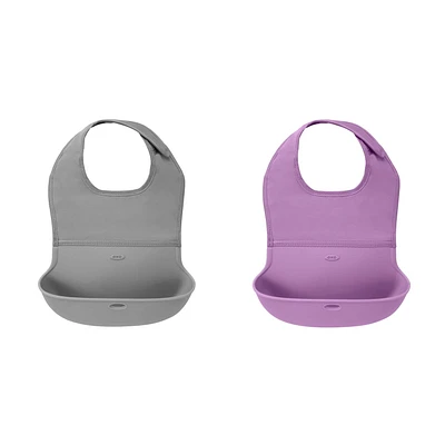 OXO Tot - Roll-Up Bib Set - Comfortable Soft Waterproof Lightweight Silicone Baby Bib and Toddler - Fabric Rolls Up into Pocket for Travel and Storage - Gray/Lilas