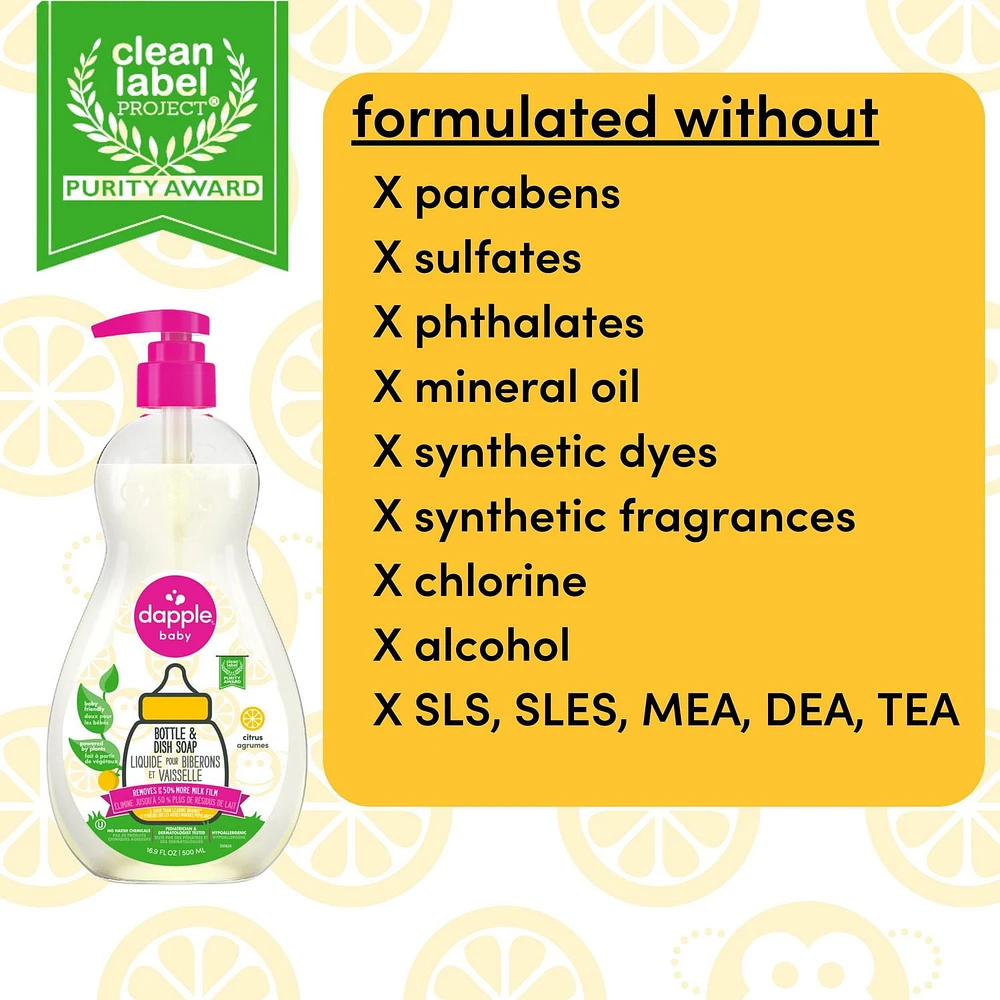 Dapple® Bottle & Dish Soap, Fresh Citrus, 500ml, Superior cleaning power!