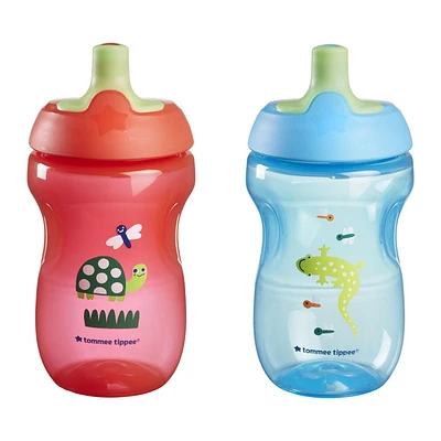 Tommee Tippee Sporty Spout Water Bottle, 10oz, 12 Months+ Non-Spill Toddler Sippy Cups with Bite-Resistant Spout, Easy-Hold and BPA Free, Assorted Colors, 2 count, TT 2X SPORTY SPOUT 10OZ ASST