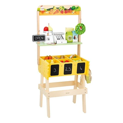 Janod - Farm Market Merchant - Wooden Selling Station - 58 Accessories - Development Toy - Early-Learning - Discovery For Children and Toddlers - From 3 Years + - Multilingual