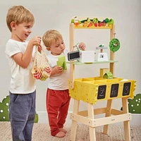 Janod - Farm Market Merchant - Wooden Selling Station - 58 Accessories - Development Toy - Early-Learning - Discovery For Children and Toddlers - From 3 Years + - Multilingual