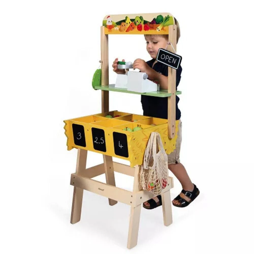 Janod - Farm Market Merchant - Wooden Selling Station - 58 Accessories - Development Toy - Early-Learning - Discovery For Children and Toddlers - From 3 Years + - Multilingual