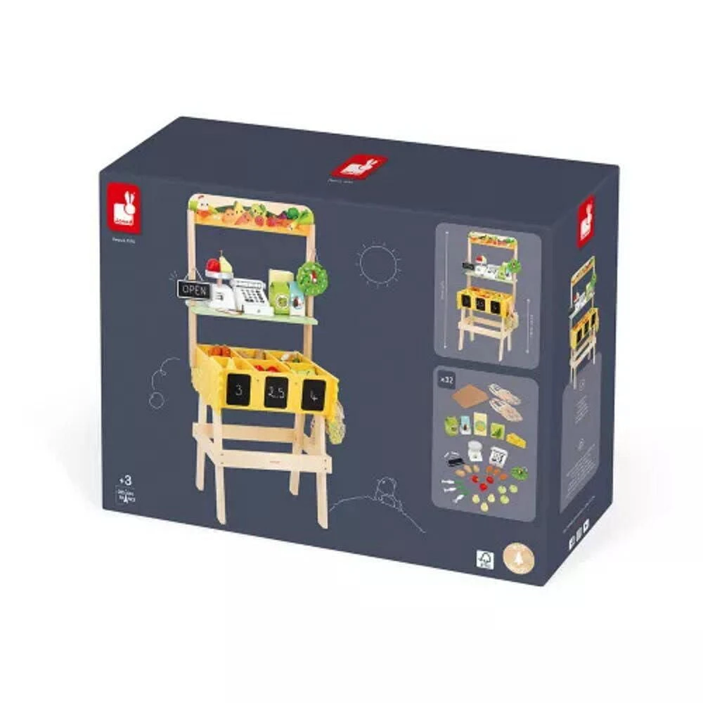 Janod - Farm Market Merchant - Wooden Selling Station - 58 Accessories - Development Toy - Early-Learning - Discovery For Children and Toddlers - From 3 Years + - Multilingual