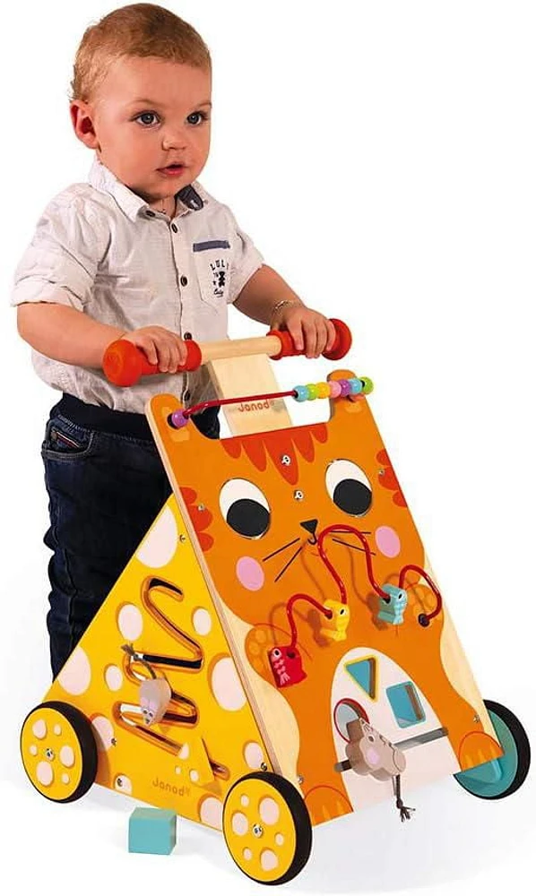 Janod Chariot de Marche Multi-Activités Chat - Chariot en Bois avec Poignée Réglable, Jeu de Formes et Activités Ludiques pour Tout-Petits - 12 mois et +
