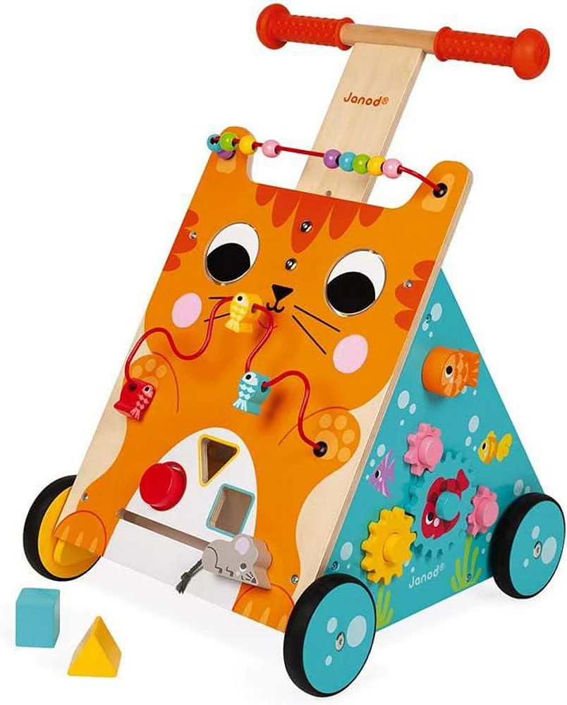 Janod Chariot de Marche Multi-Activités Chat - Chariot en Bois avec Poignée Réglable, Jeu de Formes et Activités Ludiques pour Tout-Petits - 12 mois et +