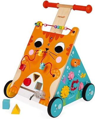 Janod Multi-Activity Cat Baby Walker - Wooden Walker with Adjustable Handle, Shape Sorter, and Fun Activities for Toddlers - 12 month +