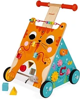 Janod Chariot de Marche Multi-Activités Chat - Chariot en Bois avec Poignée Réglable, Jeu de Formes et Activités Ludiques pour Tout-Petits - 12 mois et +