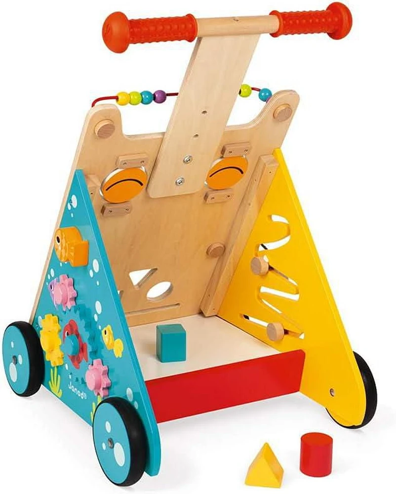 Janod Chariot de Marche Multi-Activités Chat - Chariot en Bois avec Poignée Réglable, Jeu de Formes et Activités Ludiques pour Tout-Petits - 12 mois et +