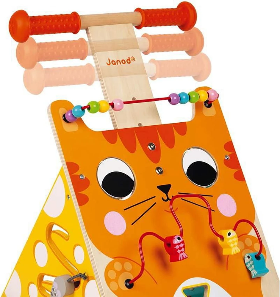 Janod Chariot de Marche Multi-Activités Chat - Chariot en Bois avec Poignée Réglable, Jeu de Formes et Activités Ludiques pour Tout-Petits - 12 mois et +