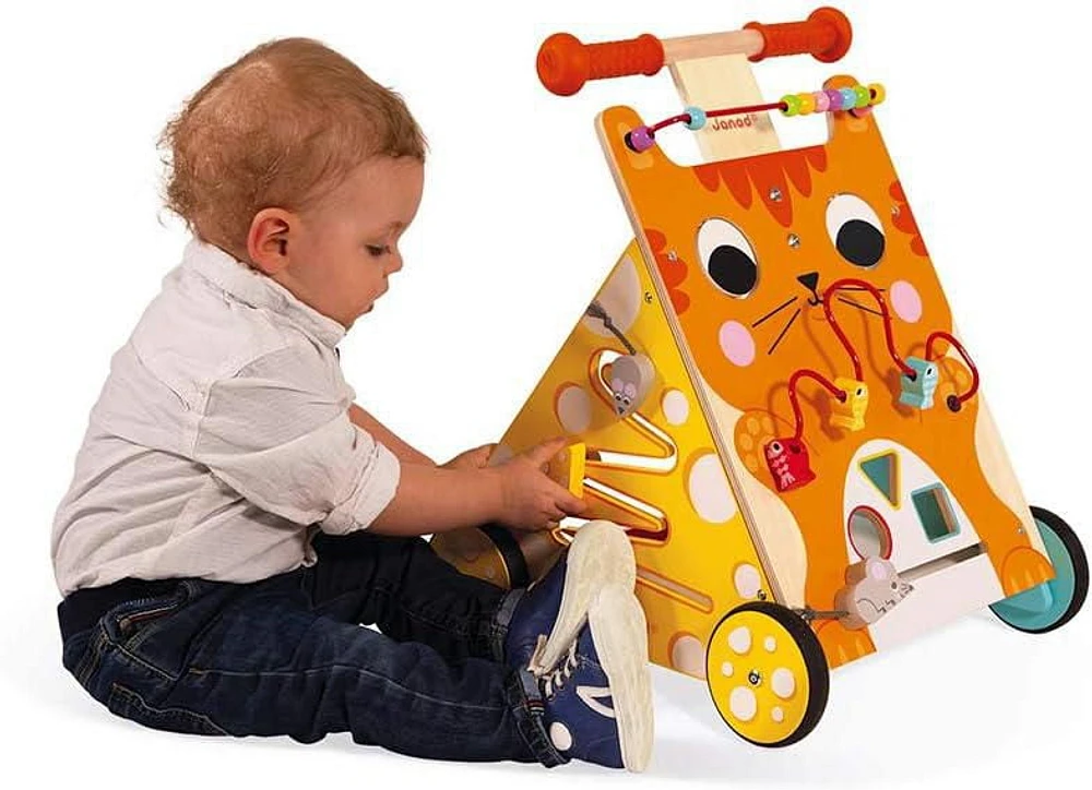 Janod Chariot de Marche Multi-Activités Chat - Chariot en Bois avec Poignée Réglable, Jeu de Formes et Activités Ludiques pour Tout-Petits - 12 mois et +