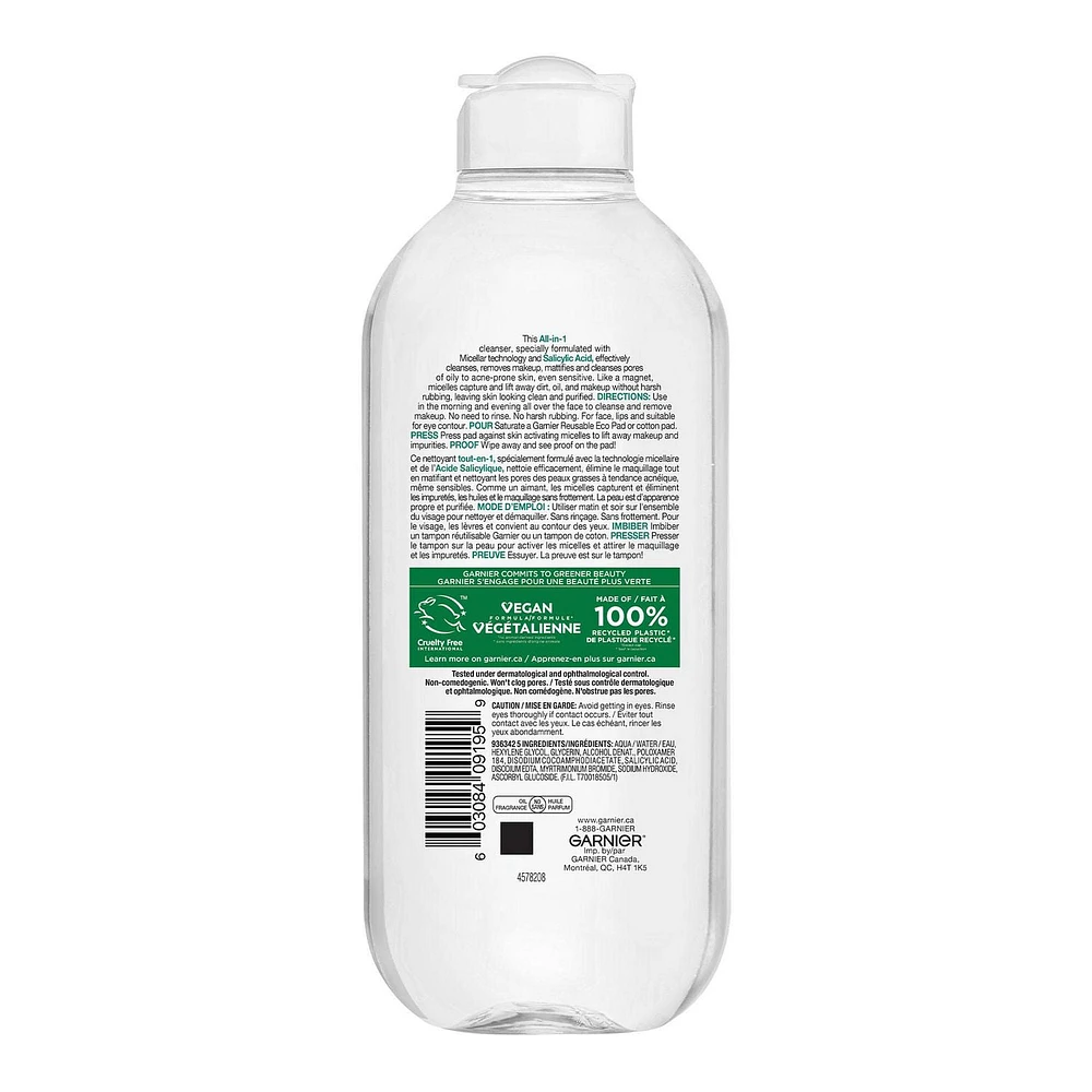 Eau micellaire Garnier à l'acide salicylique pour les peaux grasses à acnéiques sensibles Nettoyant et démaquillant pour le visage