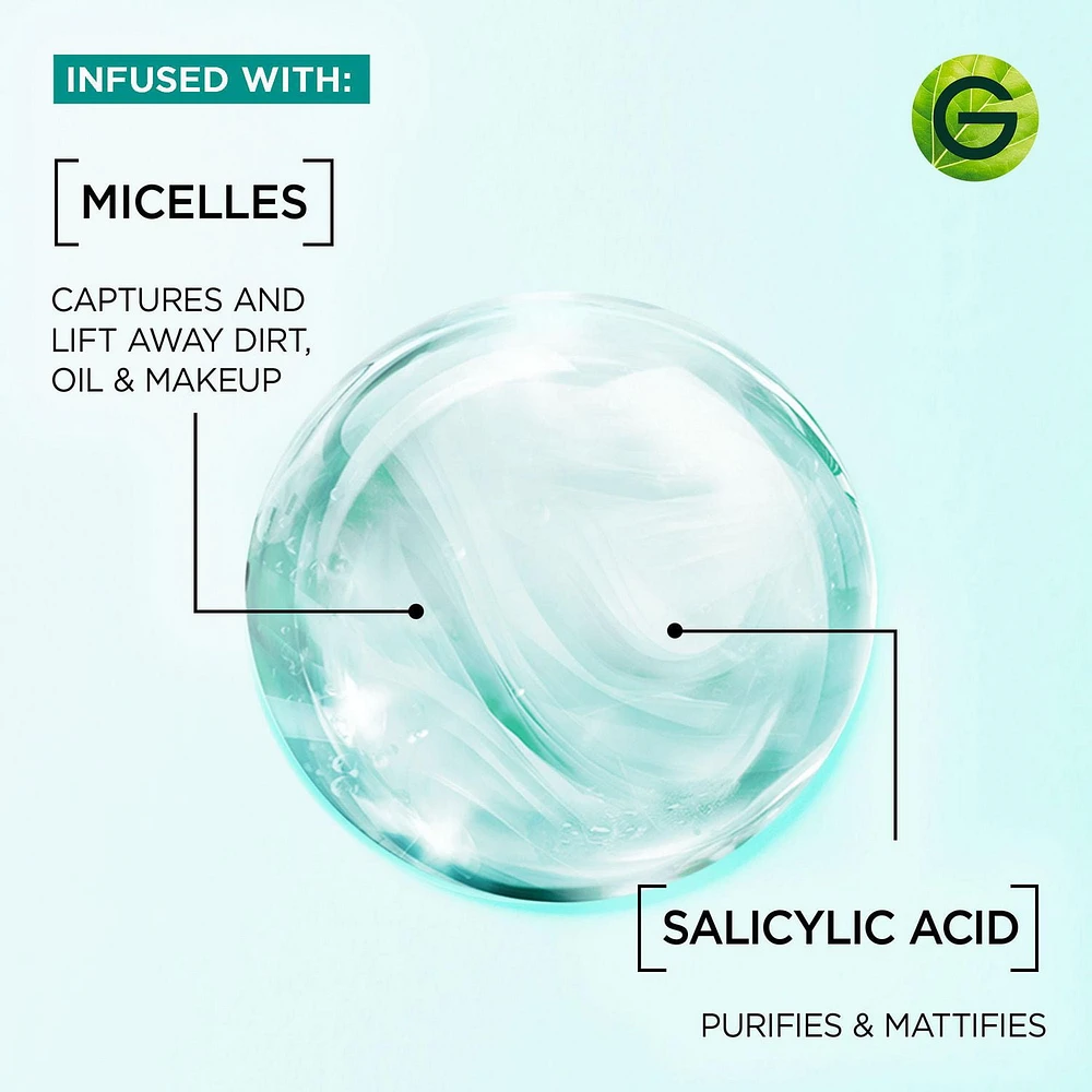 Eau micellaire Garnier à l'acide salicylique pour les peaux grasses à acnéiques sensibles Nettoyant et démaquillant pour le visage