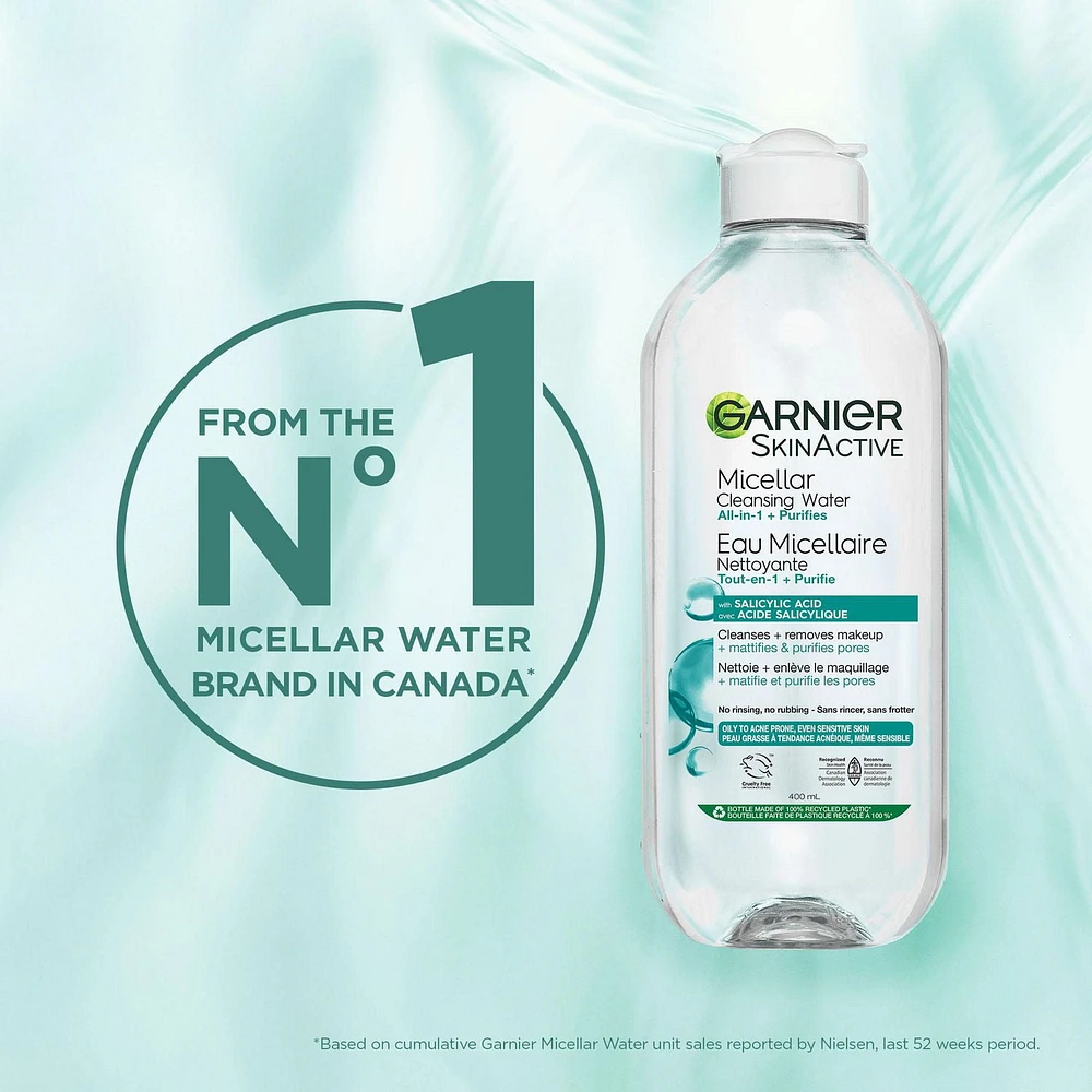 Eau micellaire Garnier à l'acide salicylique pour les peaux grasses à acnéiques sensibles Nettoyant et démaquillant pour le visage